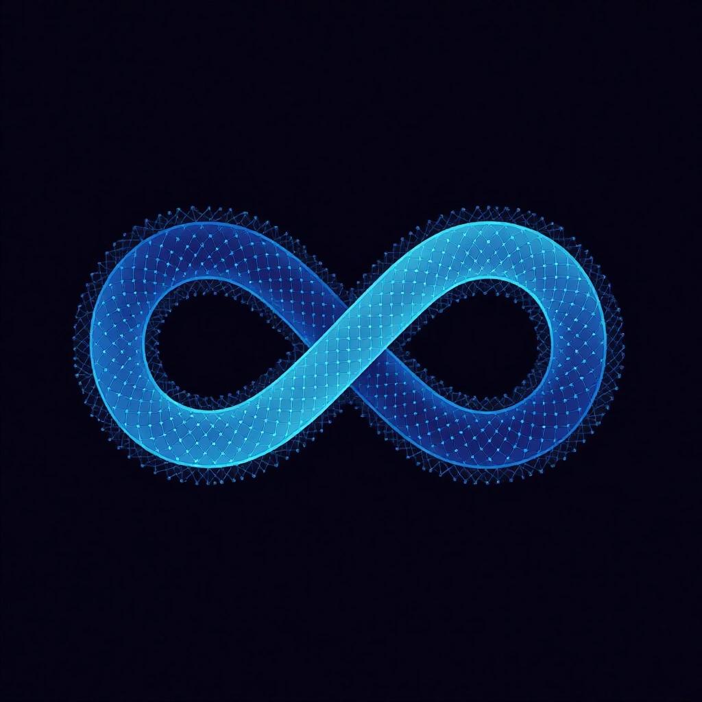 Logo representing infinity in a modern style. Features a smooth, glowing blue infinity symbol against a dark background. Design emphasizes the concept of endlessness.