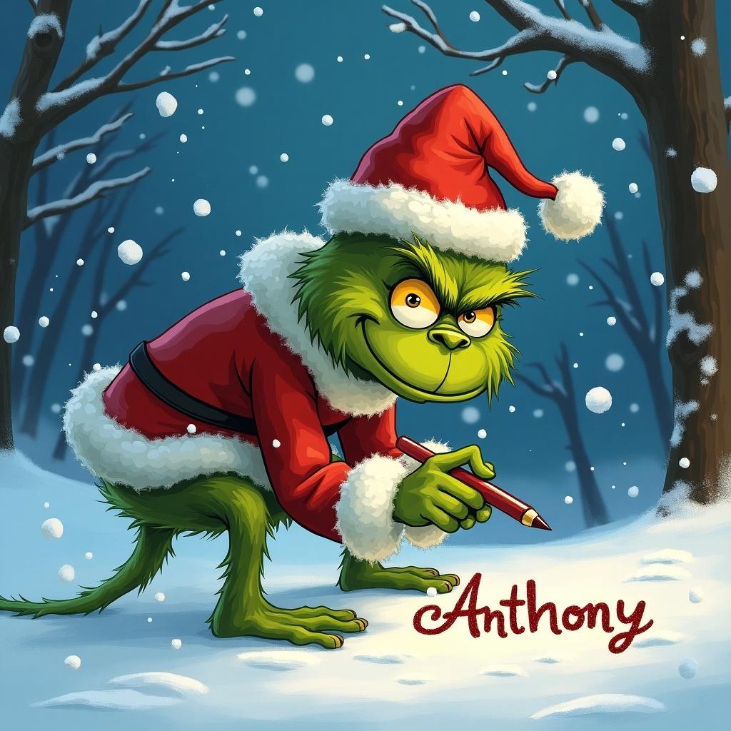 The Christmas Grinch in a red Santa outfit is writing the name Anthony in the snow while looking mischievous. Snow is falling in a wintery forest setting.