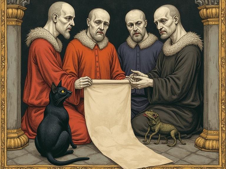 Parchment scroll illustrated with figures and creatures. Pale-faced figures are gathered around a scroll. Emphasis on enormous toads and a black cat. Style inspired by 15th-century manuscripts. Use of tempera and shell gold on vellum.