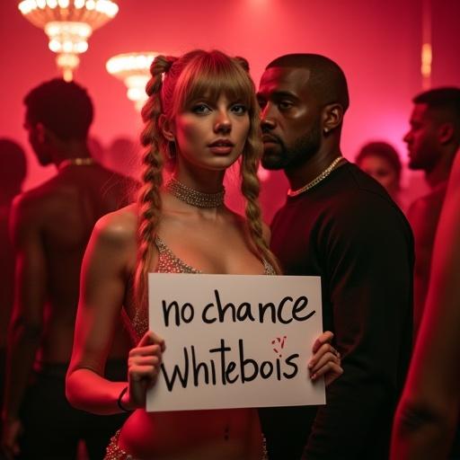 Nightclub setting with a woman holding a sign. Woman has long blonde twintails and wears a bikini top and skirt. Standing closely beside a man in a black outfit. Another man in the background. Energetic and lively atmosphere.