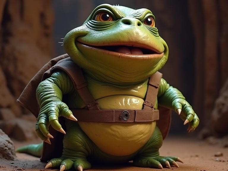 Character design resembling a parody of a famous sci-fi figure. Animated creature with green skin, large eyes and an expressive face. Character wears a simple outfit and displays a friendly demeanor.