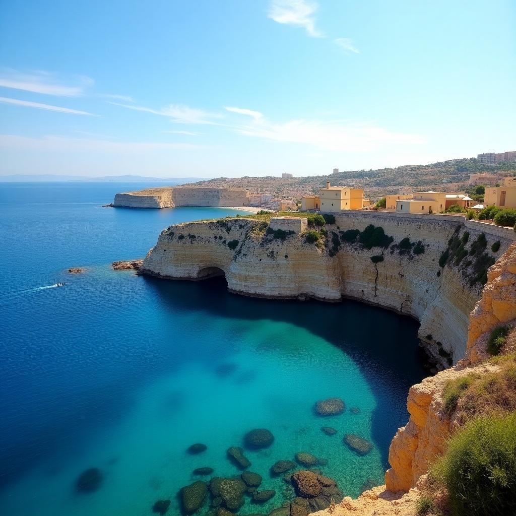 A stunning view of the coastline in Malta. The image showcases clear turquoise waters, high cliffs, and nearby buildings. Rocky formations are visible in the water. Sunlight brightens the landscape.