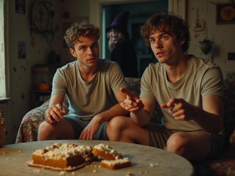 Photo realistic image showing two young men surprised while eating a gingerbread house in a witches cottage. Background features a witch peering from a doorway with a grin. The setting has a grungy look with unique decorative elements.