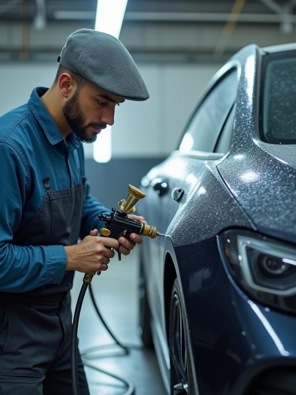 A professional car painter detailing a car in a garage. The painter uses a spray gun to apply paint on the car. The environment is a well-lit garage with modern equipment.