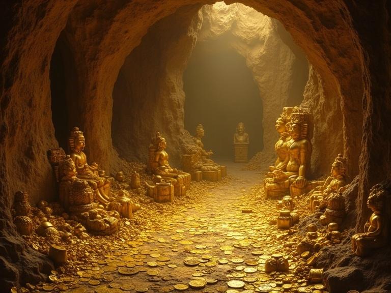 Hidden chamber within an ancient palace or deep cave. Vast hoard of ancient gold artifacts, intricate statues, ceremonial masks and jewelry glowing with otherworldly luster. Dust motes dance in faint light, immense age and untold riches are felt. Magical guardians protect it.