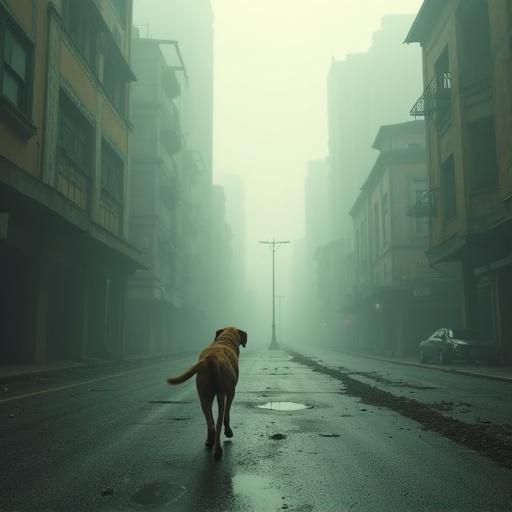 A post-apocalyptic scene in São Paulo. A caramel-colored dog walks alone on Avenida Paulista. An eerie fog envelops the area. Sunlight beams pierce through the fog creating a mysterious feel. The setting is daytime with diffused light. Long shadows cast by urban decay and debris are present. Buildings appear abandoned and realistically depicted with cinematic lighting.