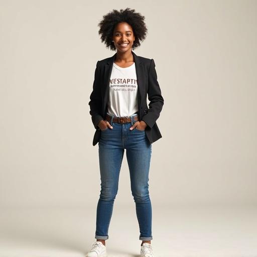 Confident young woman in her early 30s. Wearing a smart-casual blazer over a graphic tee. Jeans and sneakers. Short curly hair and expressive eyebrows. Friendly but assertive demeanor.