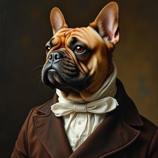 French bulldog of brown color with slanted eyes and a soft black line around them strong in chest slender at back fully proportioned dressed in Victorian style. The image showcases a portrait in Dali style.