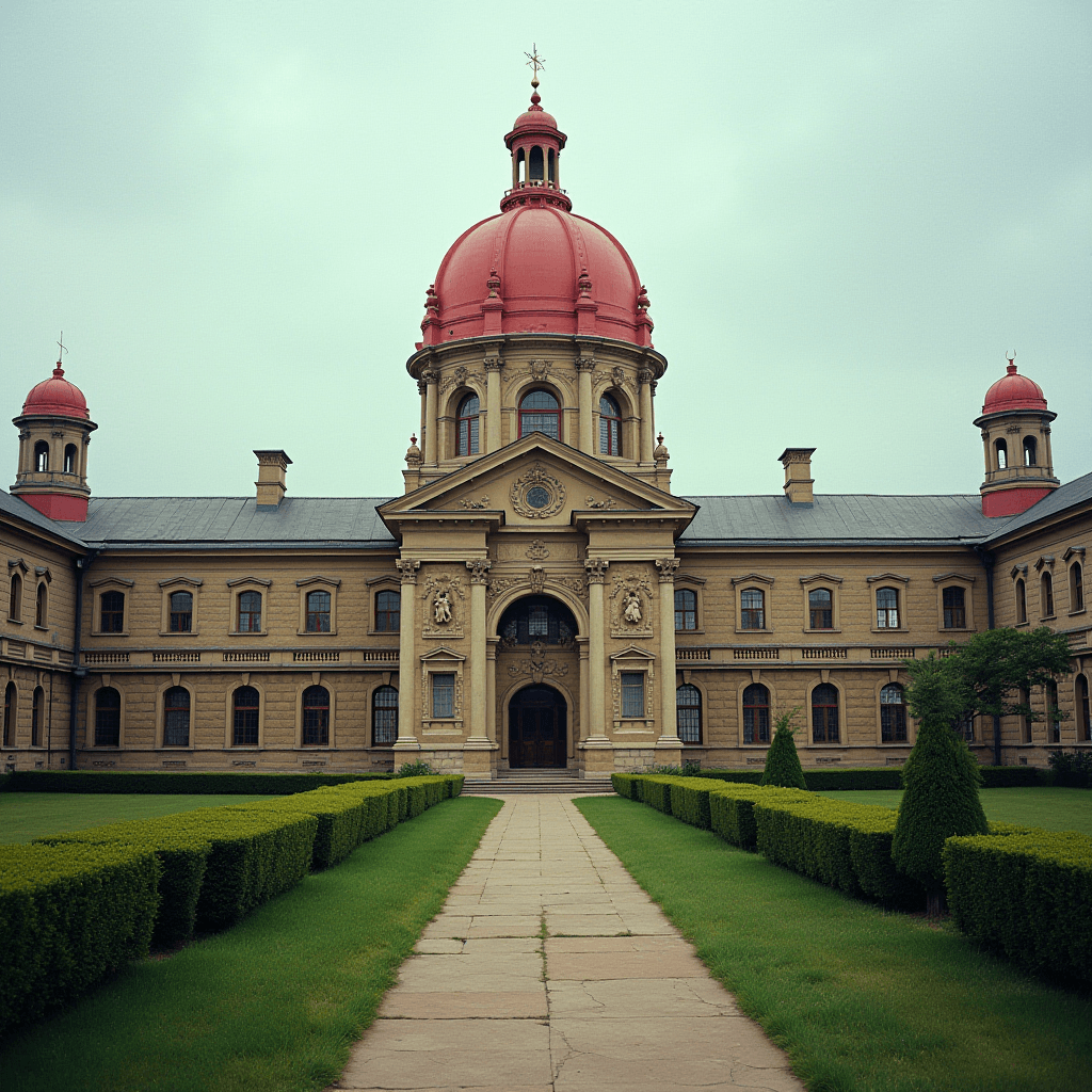 A grand historic building with a central red dome flanked by two smaller domes, set in a landscaped garden.