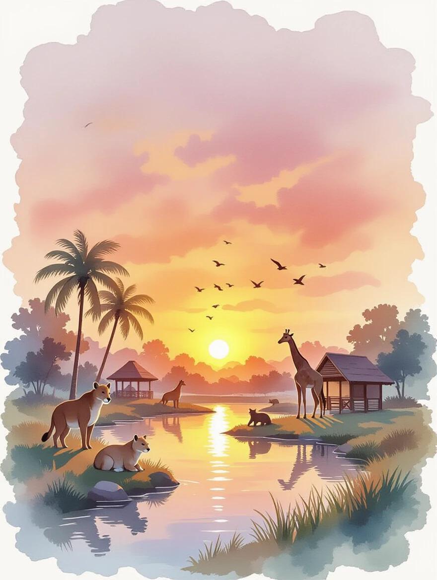 Design a serene poster featuring animals at sunset in Emirates Park Zoo. The scene depicts a tranquil landscape with a sunset reflected in the water. Use watercolor style and delicate color gradients. Highlight the beauty of nature and the zoo's habitats