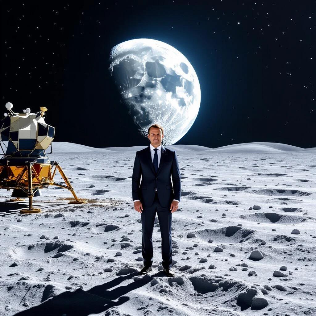 Image of a suited figure standing on the moon. The lunar lander is nearby. There is a large moon in the background. The scene is set in space with stars.