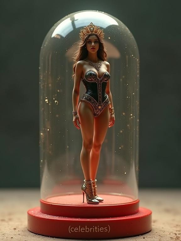 Detailed glass capsule in a void with soft light. Woman stands wearing a black and gold bodysuit. Golden crown and jewelry accent her look. Hands relaxed by her sides. Pointed high heels have metallic accents. Capsule base is red with '[celebrities]' engraved. Cinematic lighting creates a diorama feel. Super-detailed textures with shallow focus.