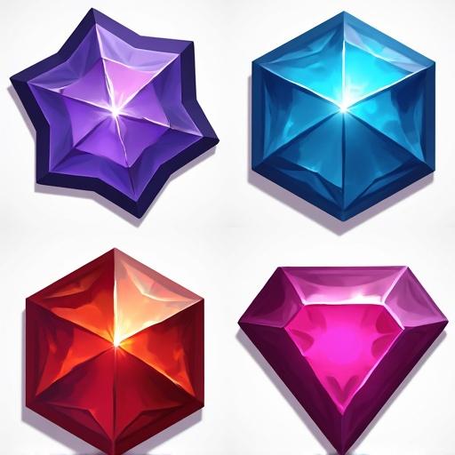 Icons of magic gems designed for a card game. Four different shapes and colors are displayed. Size is 48 by 48 pixels. Transparent background enhances the visual appeal. Inspired by the art style of World of Warcraft.