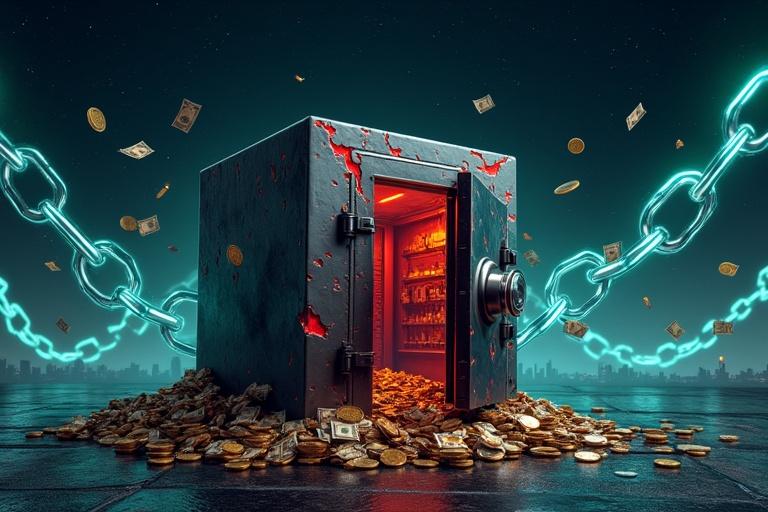 A bank vault has red cracks on the exterior. The vault spills gold coins and dollar bills. Glowing blue and green digital chains surround it. The vault is in a dark starry sky with a faint city skyline background. The scene is futuristic and blends realism with digital art.