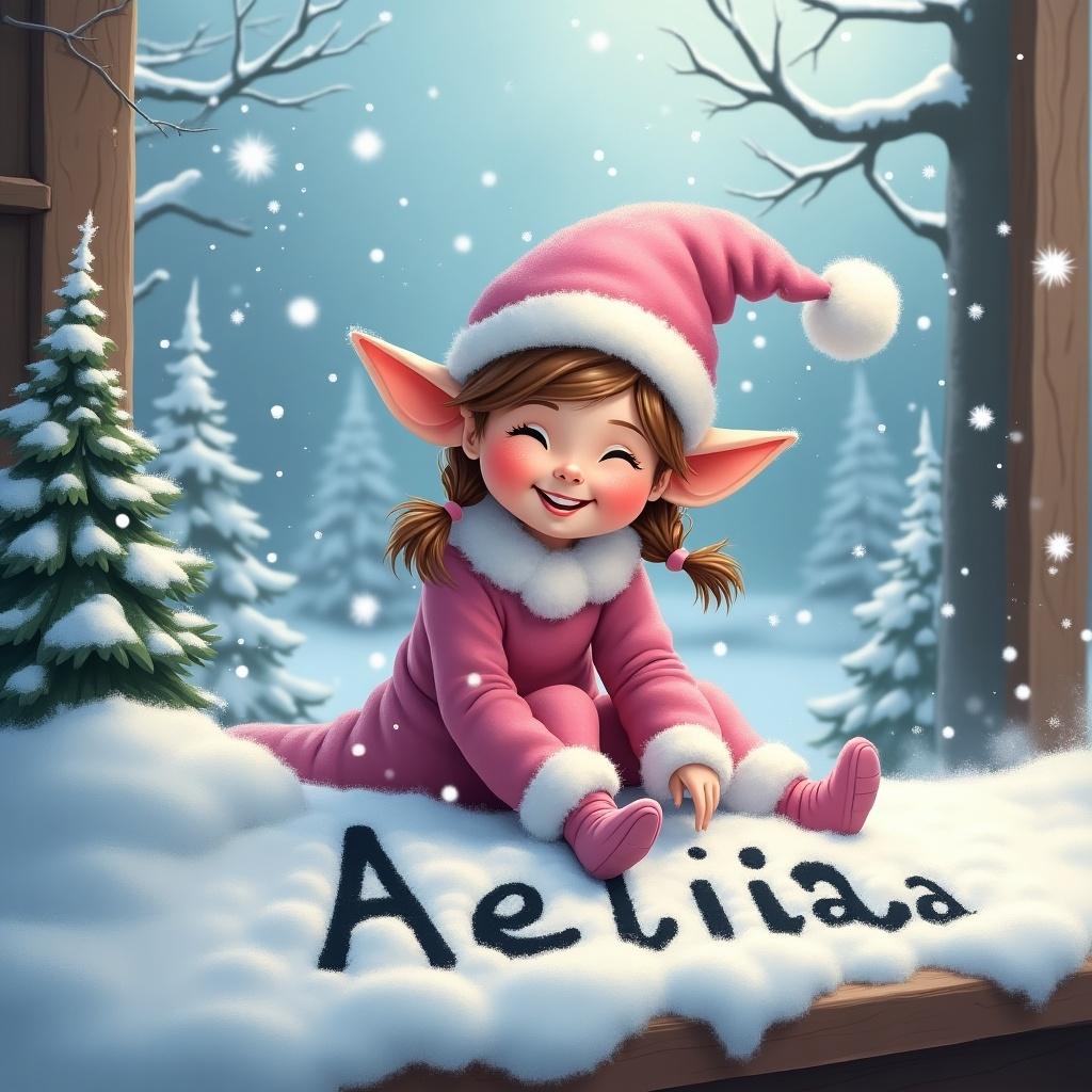 Elf character with pointed ears wearing pink dress and hat. Snowy background with evergreen trees. Elf writing Alenia in the snow. Joyful expression.