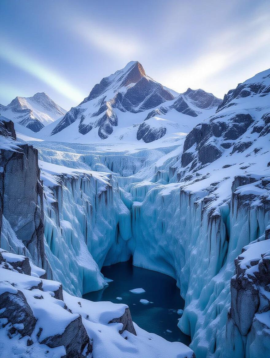 A vast glacier flowing between towering, snow-capped mountains. Ice formations tower around the glacier. The sky features soft lavender and blue hues with hints of golden light. Long shadows are cast across the icy plains. The scene captures the serene beauty of untouched nature.