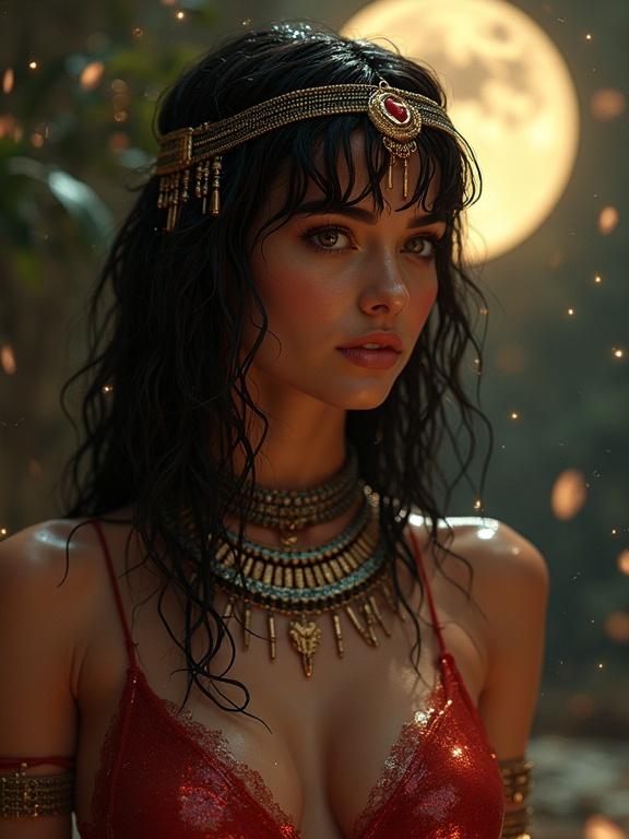 Close-up portrait of a woman styled as Cleopatra. She has wet hair and is adorned in intricate jewelry. Background features a large moon with soft lighting.