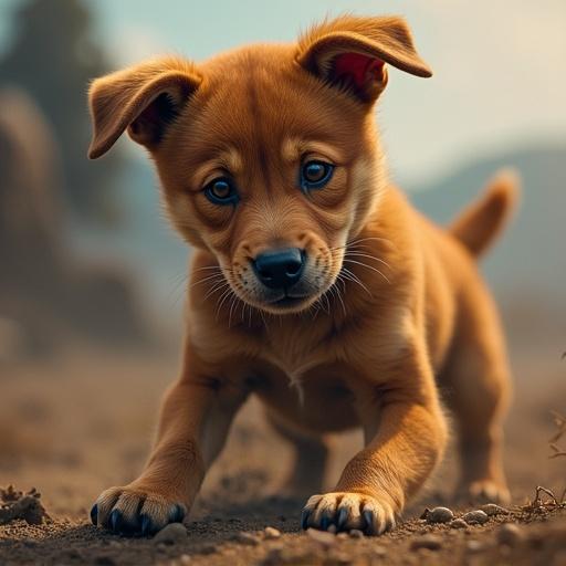 Fighter dog stands confidently on a dirt path. The dog's muscular build reflects strength and energy. The backdrop features blurred natural scenery providing context. Warm sunlight enhances the setting.