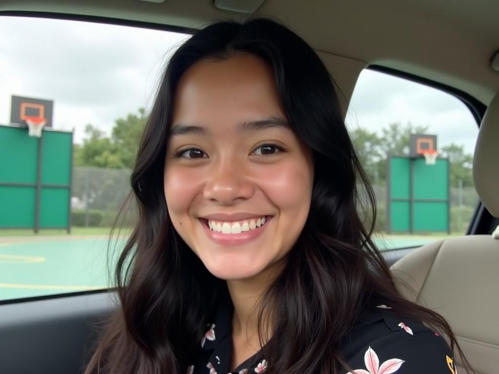 This image shows a young woman sitting in a car, smiling gently at the camera. She has long, wavy black hair that cascades past her shoulders. The background features an outdoor basketball court with green hoops and a cloudy sky above. She is wearing a black top adorned with floral patterns. The interior of the car is light-colored, adding contrast to her outfit. The atmosphere appears calm and pleasant, suggesting a cheerful moment.