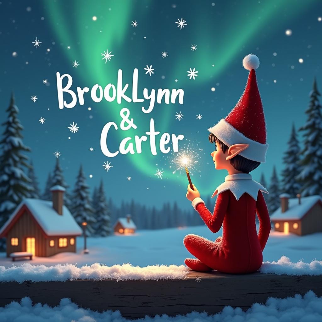 An elf sits on a wooden ledge with its back to the camera, gazing at a magical sky. The elf is dressed in a vibrant red outfit with a pointed hat, holding a sparkling wand. With this wand, the elf elegantly writes the names 'BrookLynn' and 'Carter' in the starry sky. The background features a picturesque snowy landscape, complete with charming little houses and towering evergreen trees. Above, the shimmering Northern Lights illuminate the scene, adding to the whimsical atmosphere that captures the essence of childhood magic and Christmas joy.