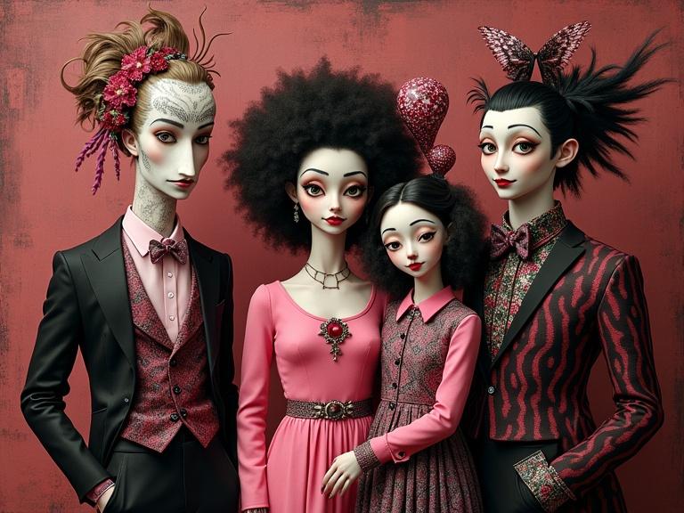 A whimsical portrait of a loony family. Members are dressed in eccentric clothing featuring shades of pink and black with intricate patterns. Background contrasts with warm brown and red tones. The style is inspired by Harlem Renaissance art, Kandinsky, and Studio Ghibli.