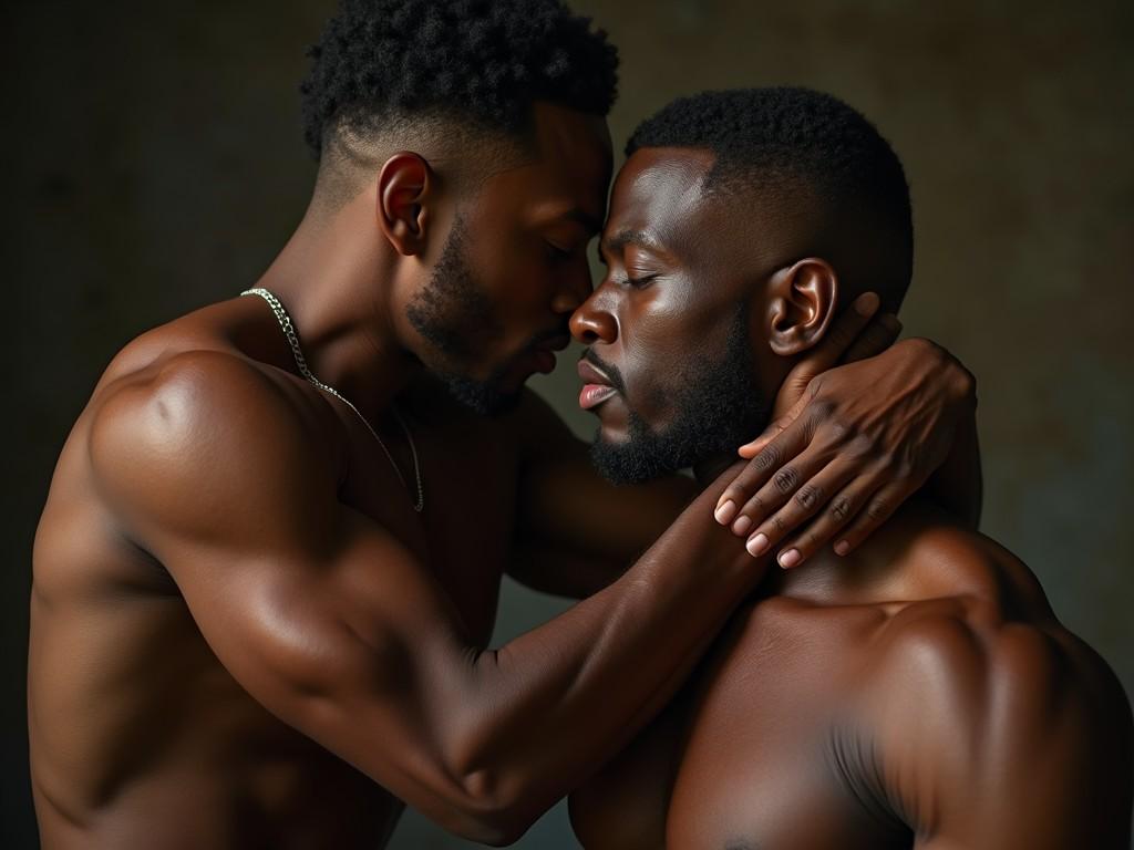 This image captures an intimate and tender moment between two men. Their poses suggest a deep emotional bond, highlighted by the gentle embracing of their necks and the soft closure of their eyes. The muted background allows their skin tones and expressive postures to stand out prominently, creating a sense of closeness and serenity.