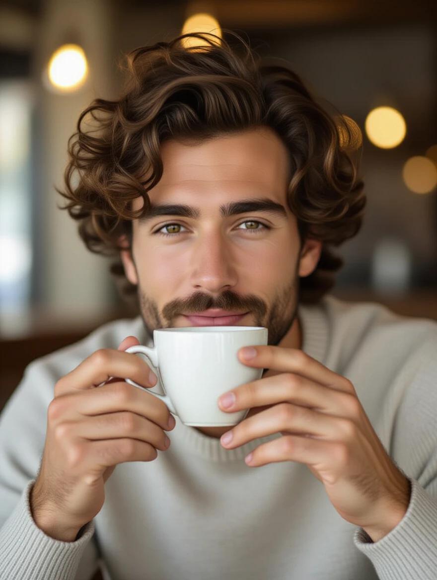Realistic portrait of a man with beautiful curly hair. Soft lighting enhances warmth. The man is drinking a cup of coffee.
