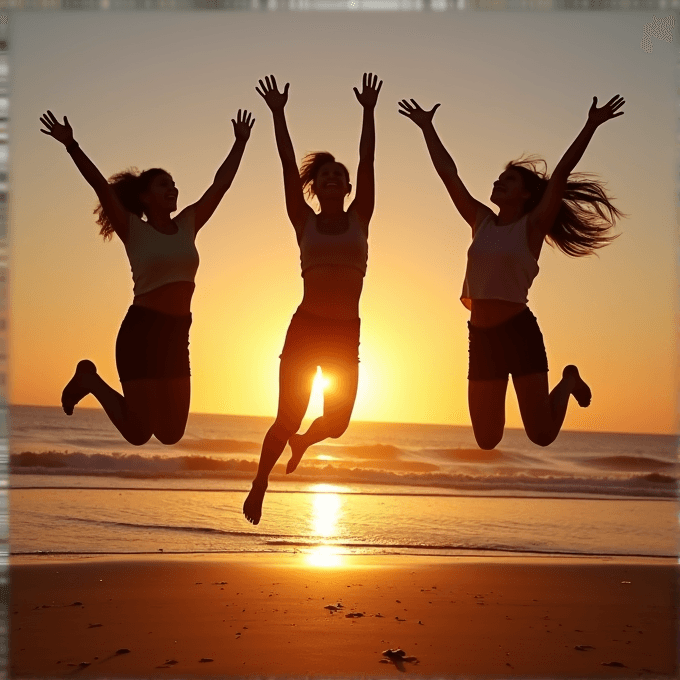 Three individuals jump joyfully in silhouette against a stunning sunset on the beach.