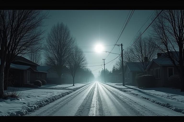 Analog horror symbol showcasing white empty suburban street under a frozen midday sun with no shadows moving. The composition is clean and evokes a sense of eeriness and minimalism.