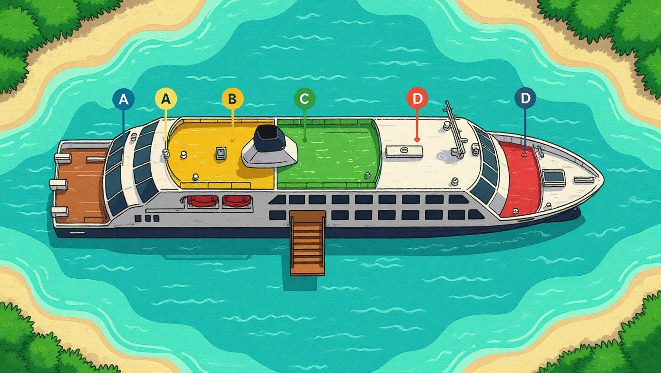 Top-down cutaway illustration of a modern ferry ship with labeled decks A, B, C, D in comic style. Deck A is yellow, Deck B is blue, Deck C is green, Deck D is red. Features a vertical staircase. Ship floats on tropical sea with clean lines and flat colors.