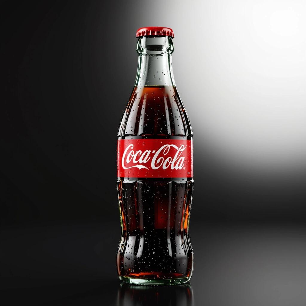 Photorealistic Coca-Cola bottle on black background. Glass detail with embossed logo. Red label with aligned typography. Dark cola inside with carbonation. Sharp reflections with soft shadows. Studio product photography style. Hyper-realistic rendering.