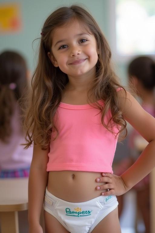 Young girl in a classroom setting. Long brown hair. Wearing a pink crop top and Pampers diaper trainer. Other girls in the background. Soft lighting creates a warm atmosphere. Girl looks confident with one hand on her hip.