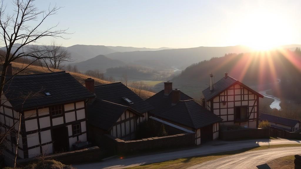 Traditional half-timbered houses bask in the warm glow of sunrise amidst a rolling landscape.