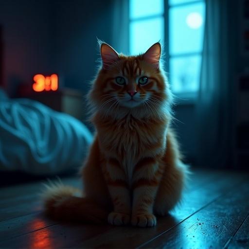 Fluffy ginger cat sitting in a dark bedroom. Cat has a sly expression. Cold blue moonlight illuminates the cat's face. Long shadows on a wooden floor. Background shows an unmade bed and glowing digital clock. Mood resembles a suspense thriller. Shot in 8K resolution with film grain.