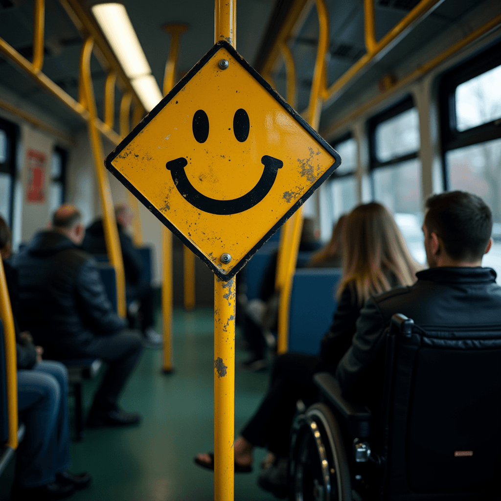 A yellow sign with a black smiley face is inside a bus with seated passengers.