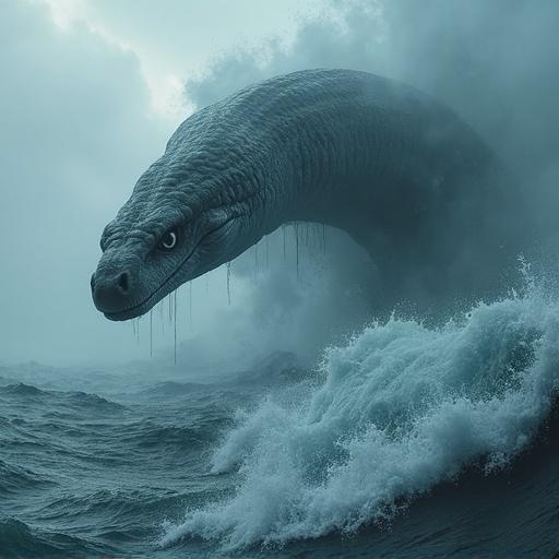 A huge dark silver grey serpent-like sea monster partially emerging from a turbulent ocean. Dark cloudy skies with heavy mist and rain. The scene captures enormous waves and foamy splashes. Overall tension and chaos in the atmosphere convey a cinematic drama.