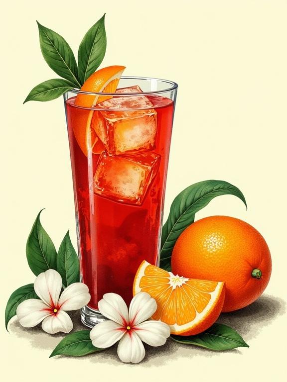 Vintage style illustration of a Negroni cocktail. Centered glass with red liquid and ice cubes. Orange garnish on the rim. Surrounded by green leaves and white flowers. An orange fruit next to the glass. Mid-20th-century advertising art aesthetic.