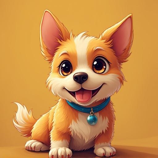 A cute cartoon-style dog with big eyes and a joyful expression. This dog has golden fur with white patches and is wearing a collar with a bell. The background is a warm yellow color that complements the dog's fur.