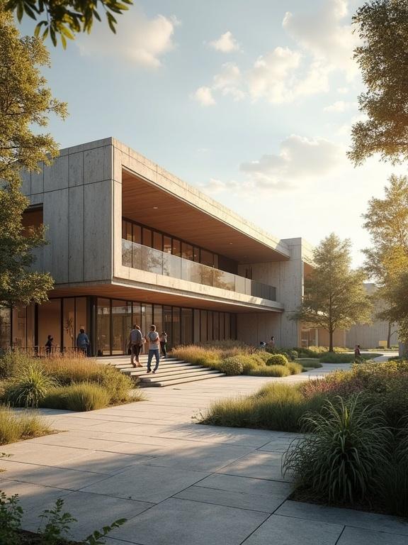 Archviz features a modern university building with people interacting. Sculpture in view suggests a narrative. Morning light enhances the scene. Rule of thirds applied. Big garden in background contrasts with architecture. Orange hues alongside wood and concrete elements.