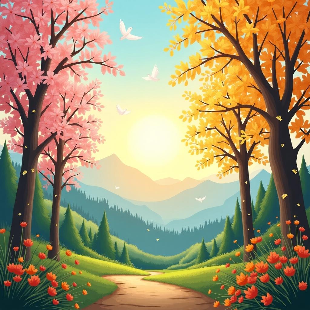 Colorful landscape depicting trees with pink and orange leaves. A path leads through a forest under a warm sunset. Mountains are visible in the background. Birds can be seen flying.