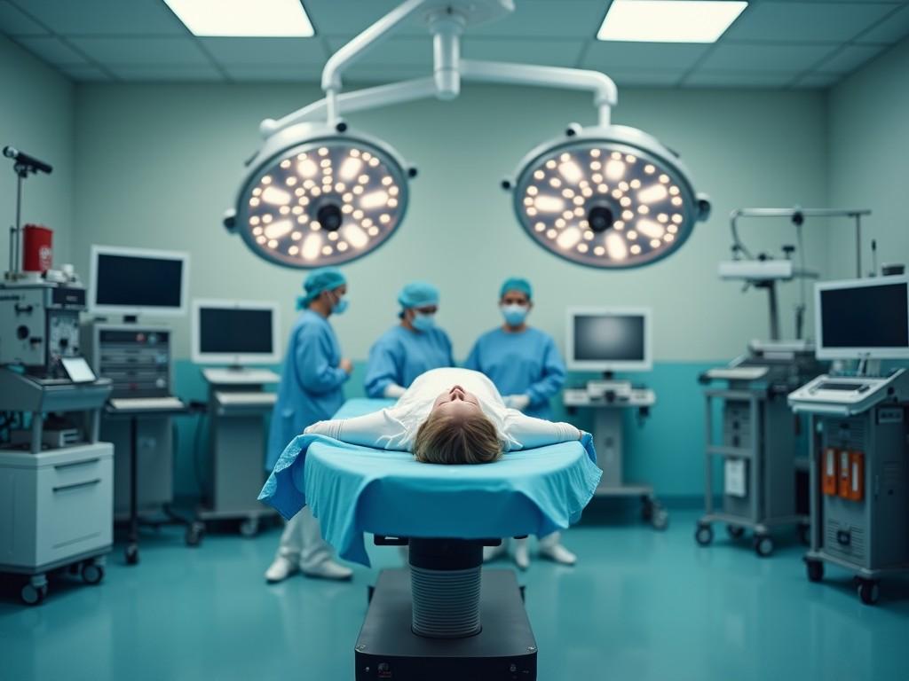 The image depicts a modern operating room with a patient lying on an adjustable surgical table. Surrounding the table are medical professionals dressed in scrubs, masks, and caps, preparing for a surgical procedure. The room is brightly lit with large overhead surgical lights. Various medical machines and technology are visible in the background, highlighting the advanced medical environment. The overall atmosphere feels sterile but focused, emphasizing the critical nature of the surgical operation.