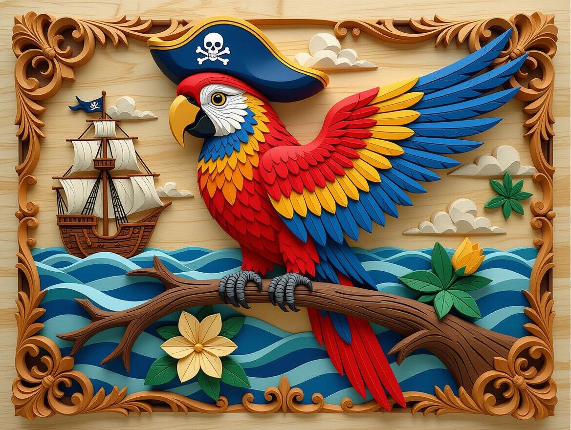 Woodworks showcasing marquetry relief featuring a pirate parrot in vibrant colors. The design includes a detailed ship in the background and tropical elements like flowers and waves. This artwork combines the charming aesthetics of wood carving with a playful marine adventure theme.