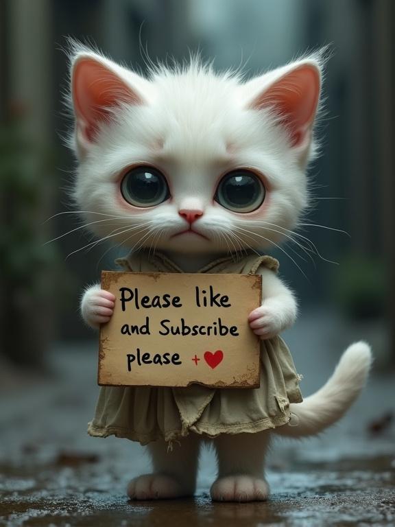 A heartbreakingly cute anthropomorphic white kitten stands on hind legs wearing a torn dress. Kitten has big, teary eyes and clutches a banner that says, ‘Please like and Subscribe please’ in shaky handwriting. The background is a dim alley with soft, melancholic lighting.