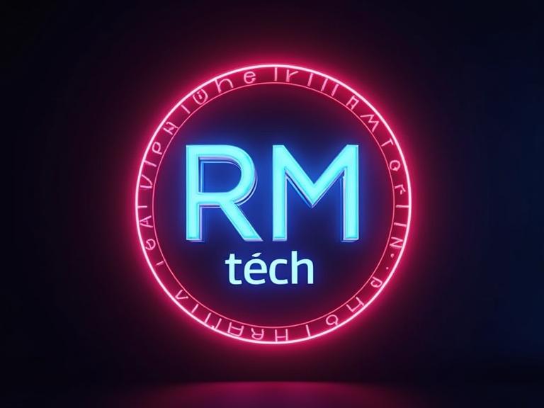 Epic logo design for Radmeli Producciones. Circular logo features bold 3D letters 'RM' in bright purple. Electric blue 'tv' is positioned at the bottom right. Surrounding text 'Radmeli Producciones' in vibrant orange forms an arc. Background is dark urban style with a hint of a night sky or metallic texture. Floating luminous particles enhance the mystical effect. Uses cinematic side lighting for dramatic visual impact.