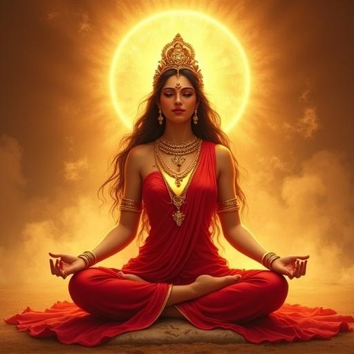Goddess Parvati representing love, devotion, strength, mother of universe, embodiment of feminine power in red attire, surrounded by golden light, sitting in meditative pose.