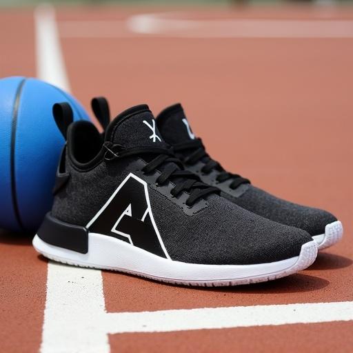 Black and white sports shoes on a brown basketball court. A blue basketball is beside the shoes. The court's white markings are neat. Natural light highlights the texture of the shoe surface. A realistic style emphasizes the simple shoe design and tough court lines.