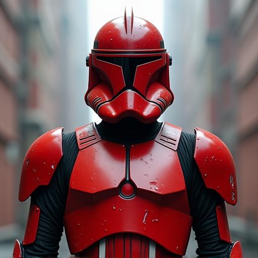 A clone trooper wears red armor inspired by Star Wars. The character stands confidently with a helmet. The background is urban and blurred.