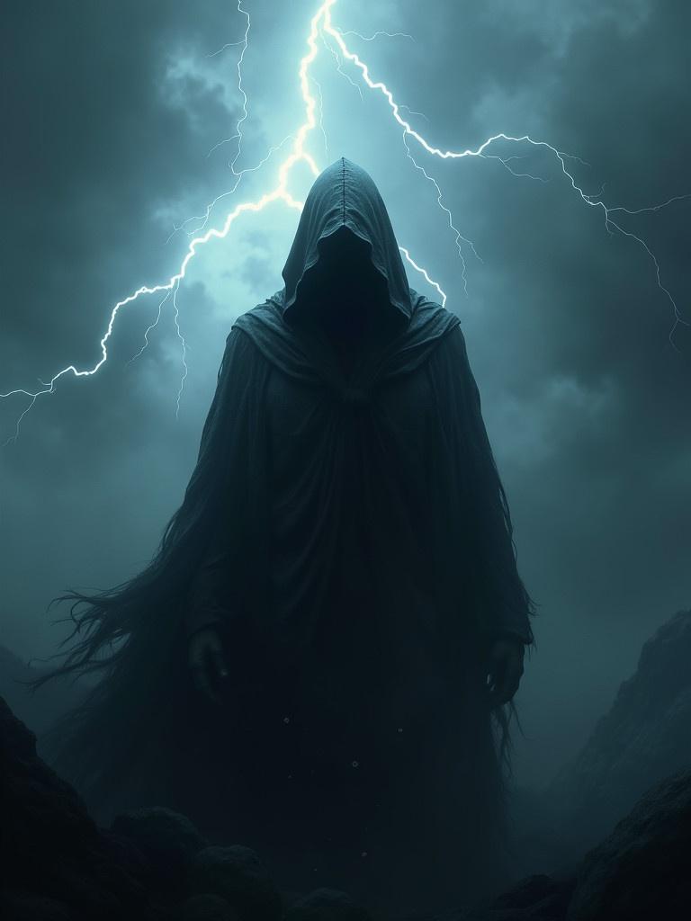 A dark shadowy figure wears a hooded cloak. The figure is surrounded by storm clouds. Lightning strikes illuminate the scene. The atmosphere is ominous and filled with terror.