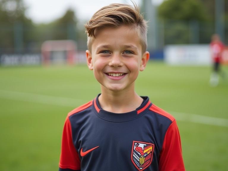 8-year-old boy in a soccer uniform with a red and black jersey. Standing on a soccer field. Background shows unidentified players and goalposts.