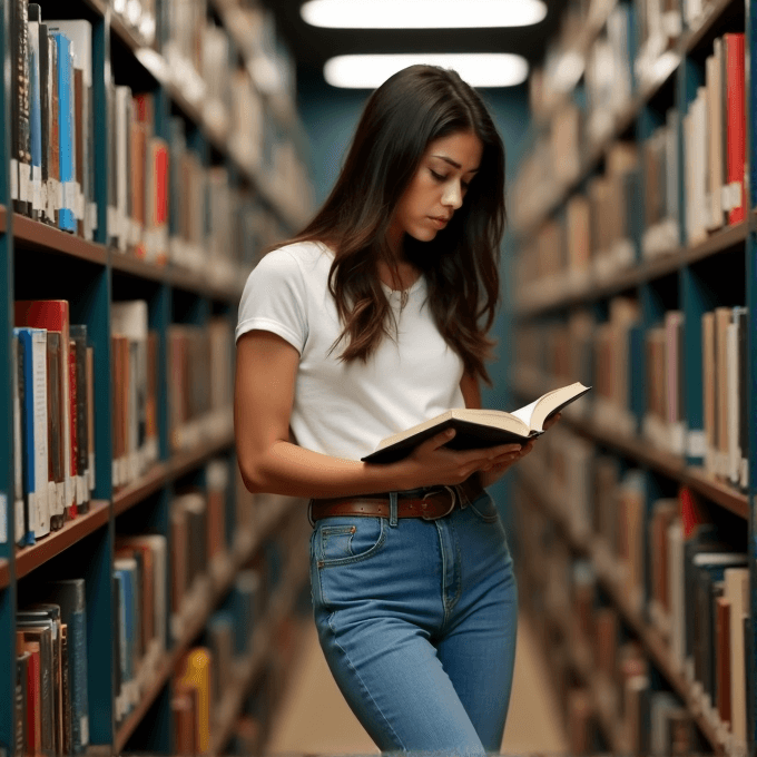 A woman reads a book in a library aisle surrounded by shelves full of books.